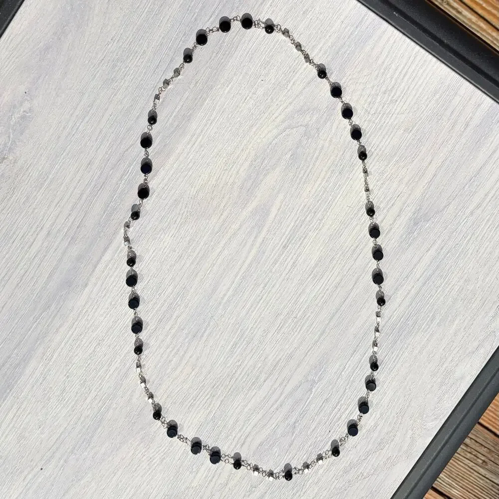 Vintage Black Glass Bead Station Necklace Long 40